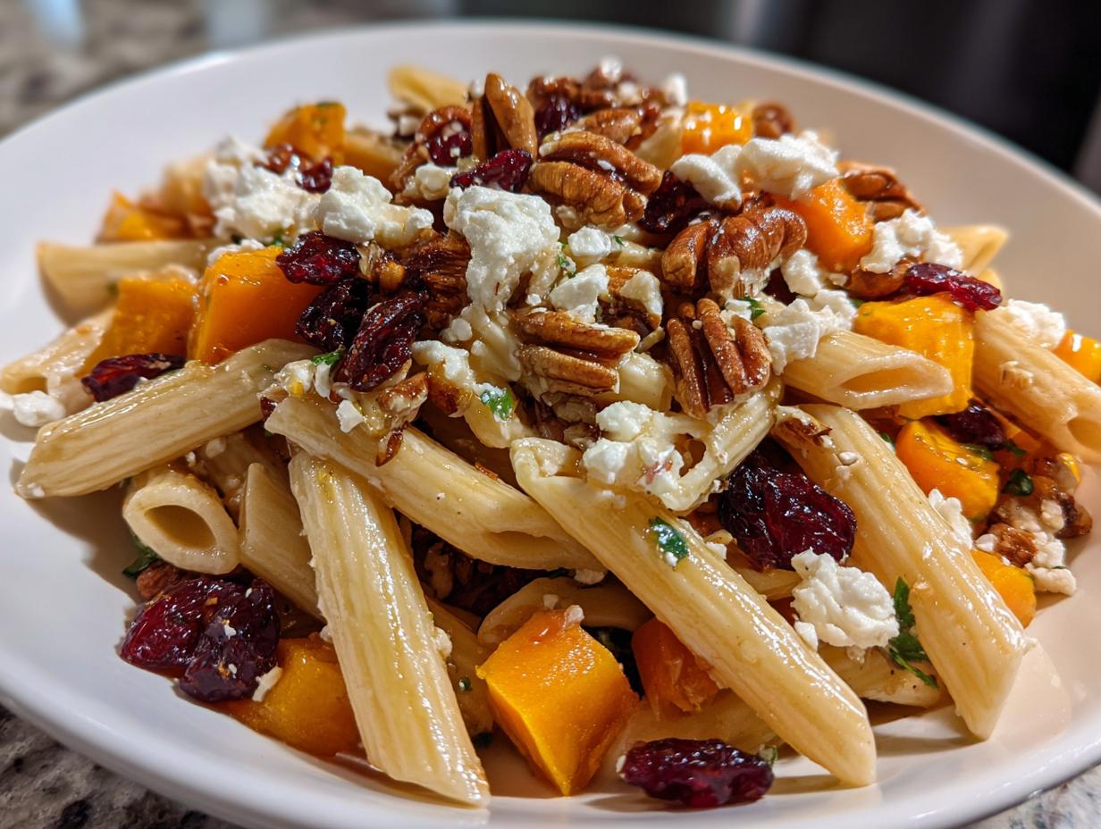 Close-up of a serving of fall pasta salad featuring penne, roasted butternut squash, feta cheese, pecans, and dried cranberries.