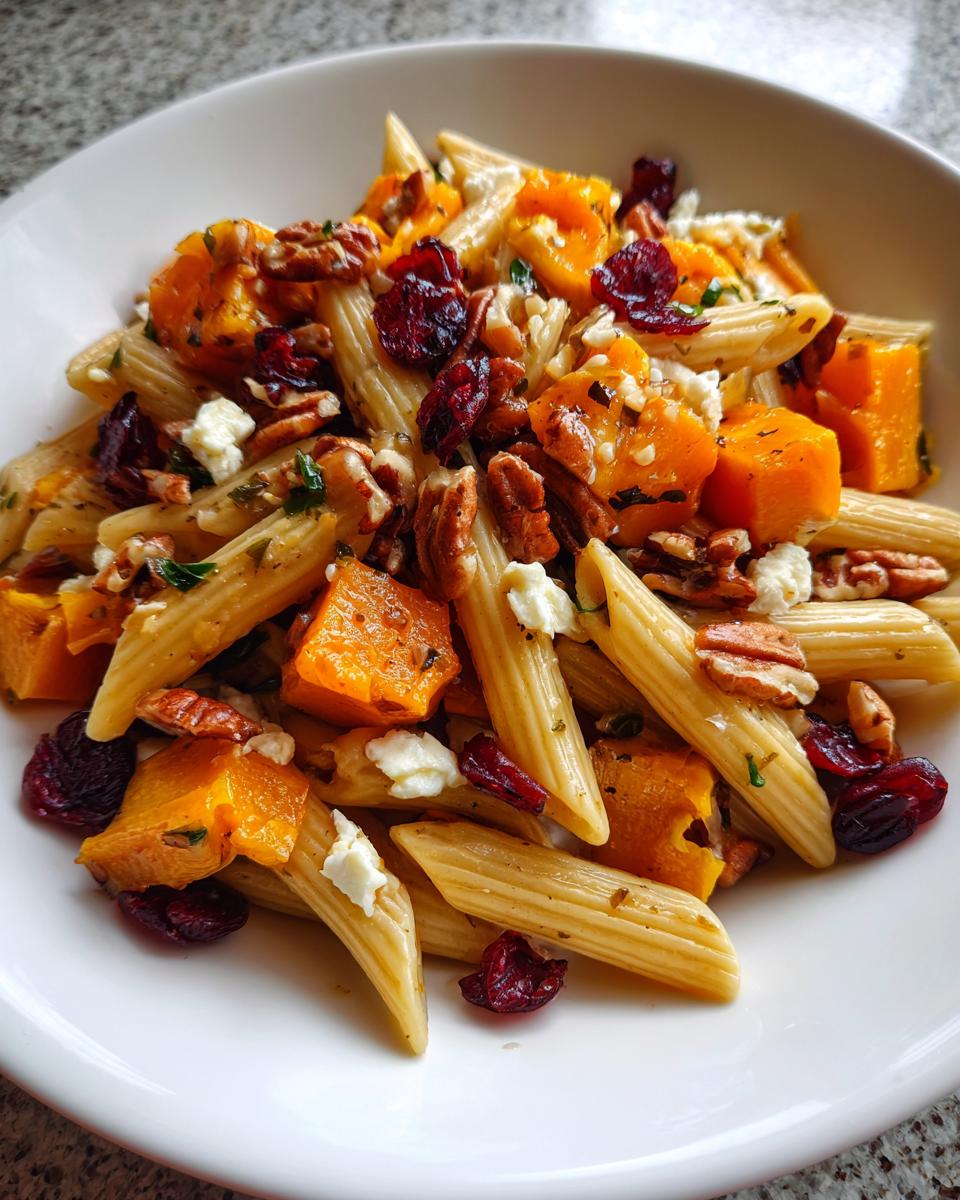 Close-up of a serving of fall pasta salad featuring penne, roasted orange squash, pecans, dried cranberries, and feta cheese.
