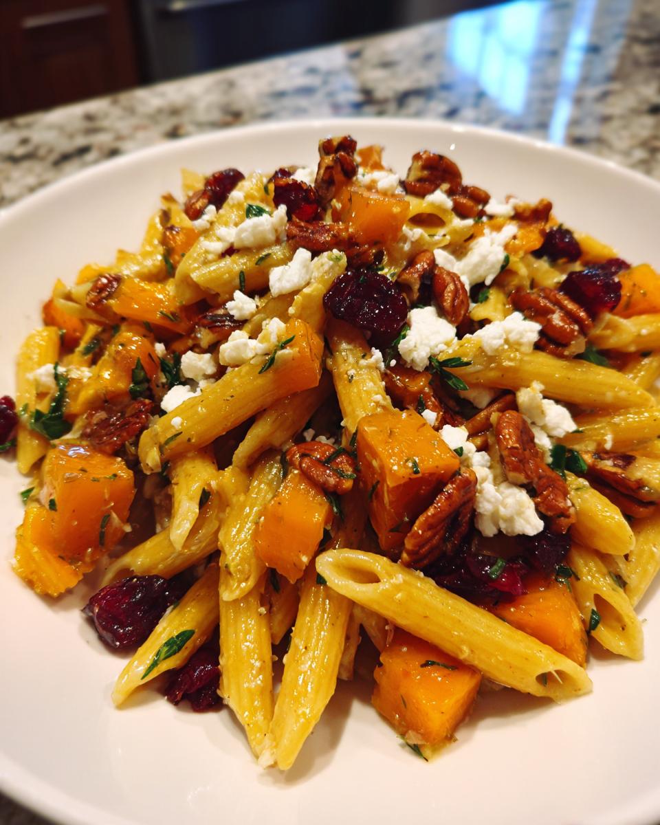 Close-up of a bowl of fall pasta salad featuring penne, roasted butternut squash, pecans, dried cranberries, and feta cheese.