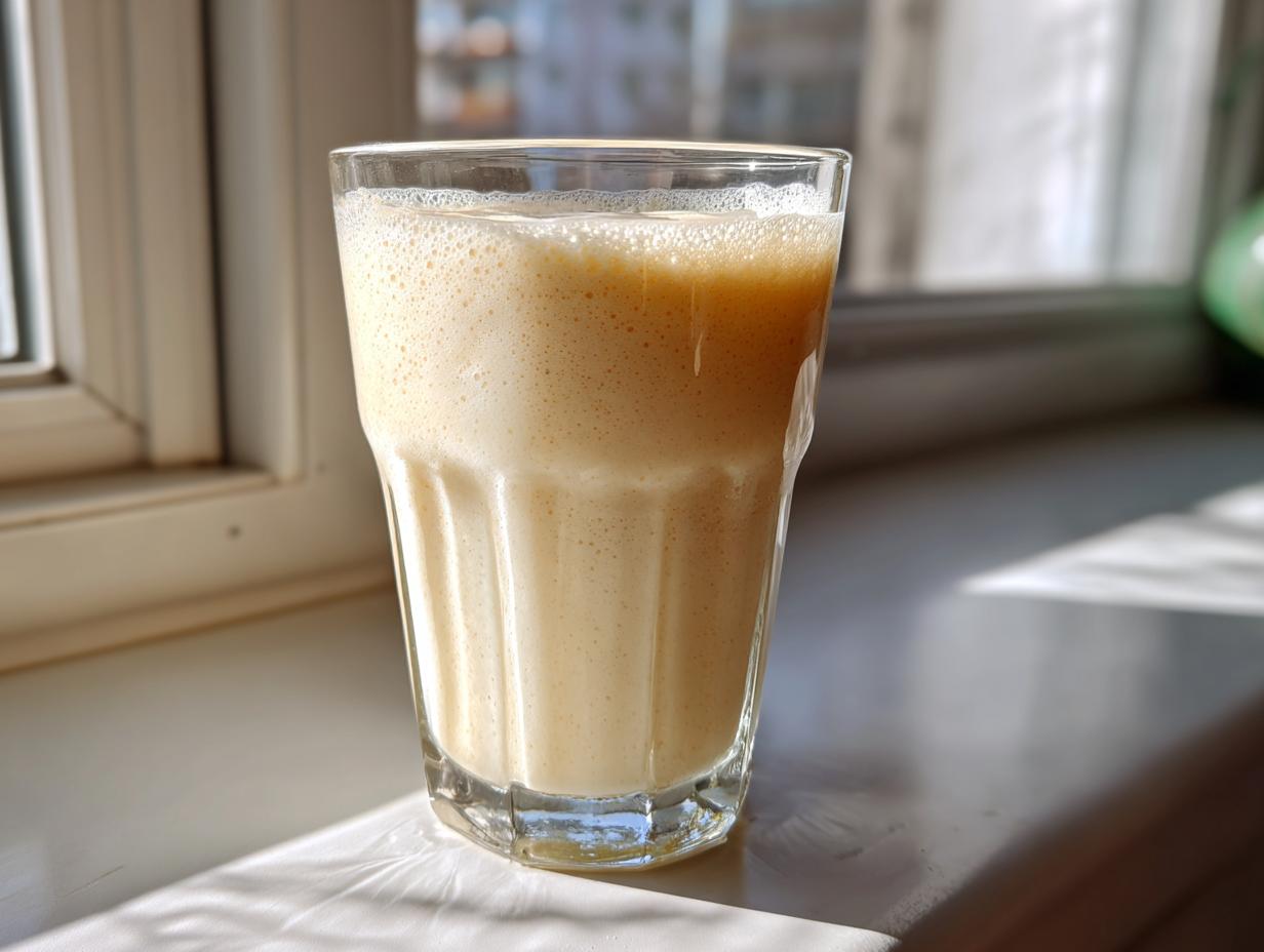 A tall glass filled with a creamy, frothy banana smoothie sitting on a sunlit windowsill.