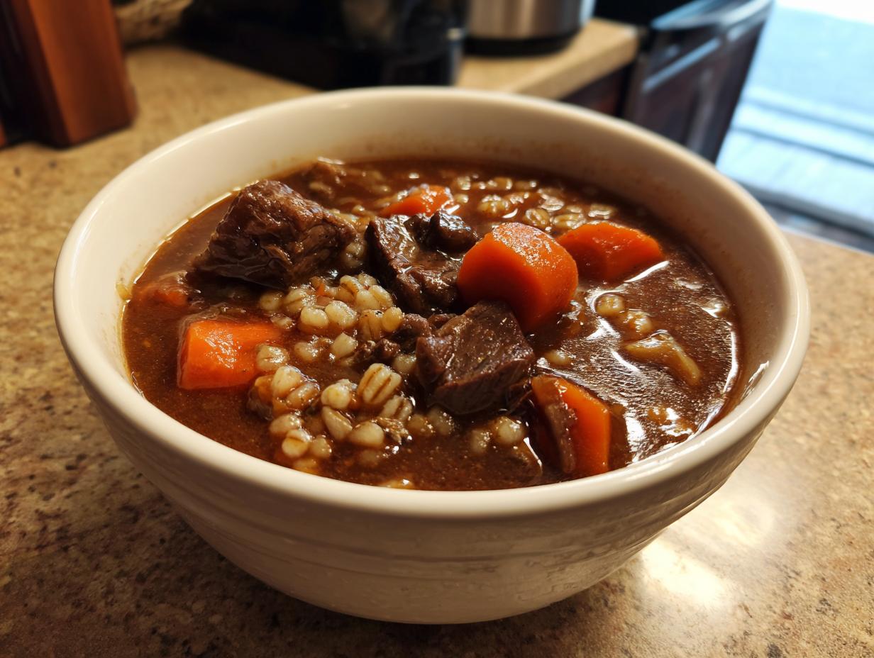 Close-up of a white bowl filled with rich, dark beef barley soup, featuring chunks of beef, carrots, and pearl barley.