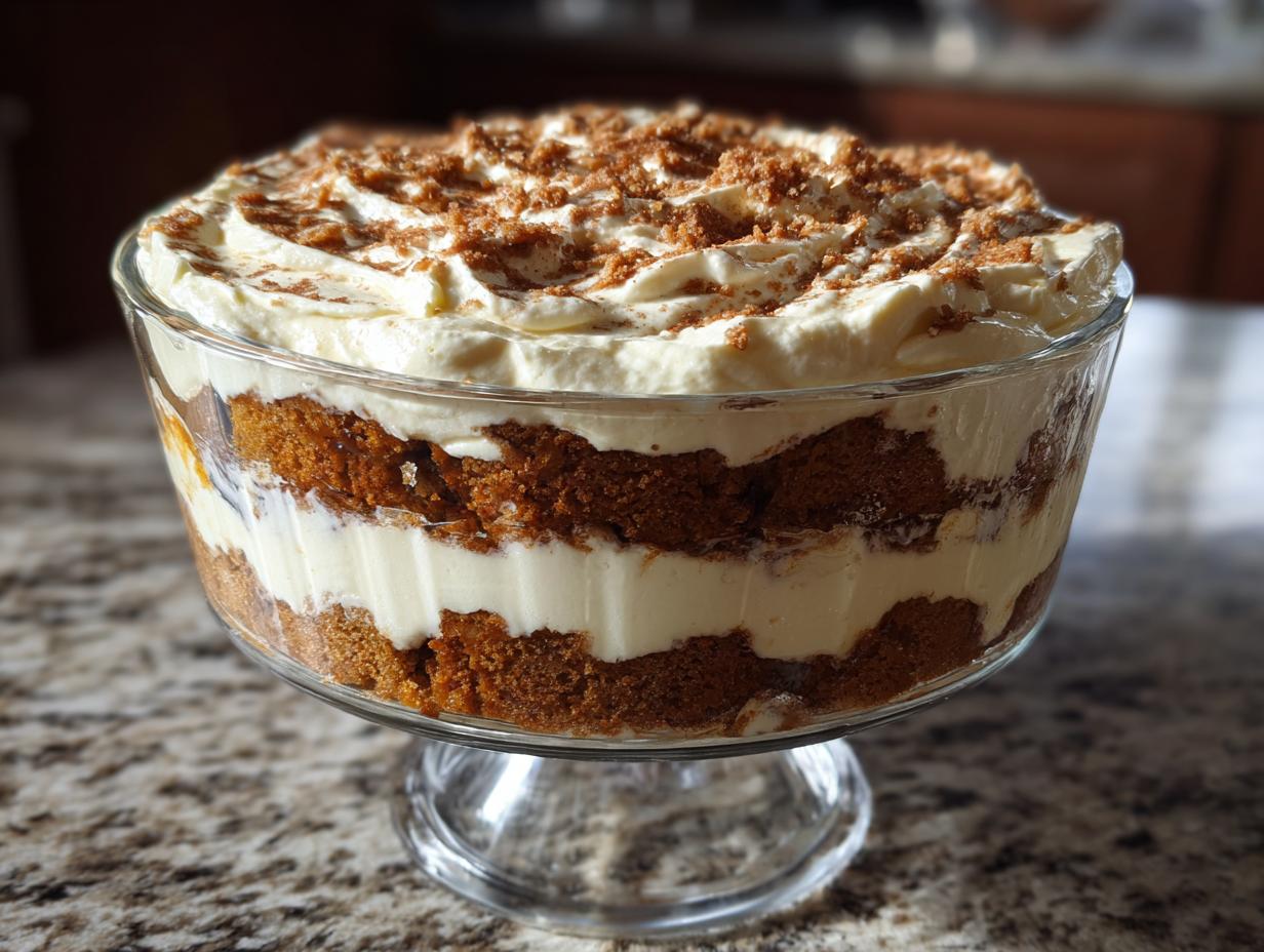 A beautiful, layered gingerbread trifle featuring dark cake pieces and thick white cream, topped with crumbs.