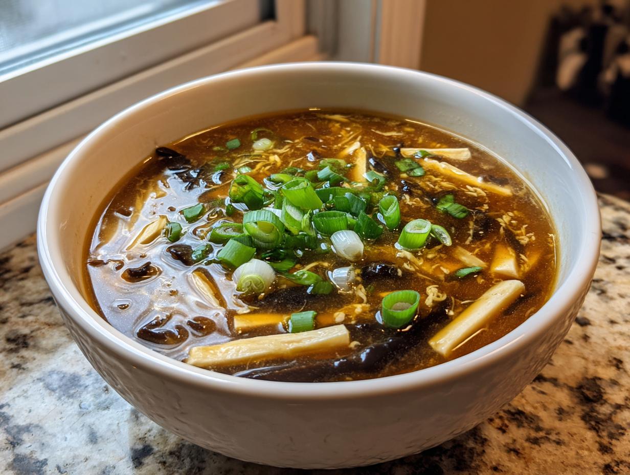 A close-up of a white bowl filled with rich, dark broth of hot and sour soup recipe, topped with scallions.