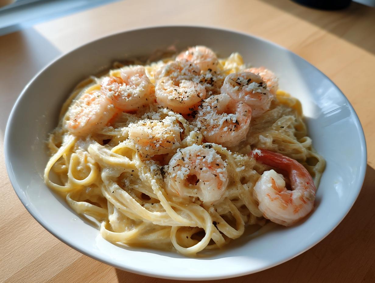 A close-up of creamy fettuccine pasta topped with perfectly cooked shrimp and grated Parmesan cheese, our amazing shrimp alfredo.