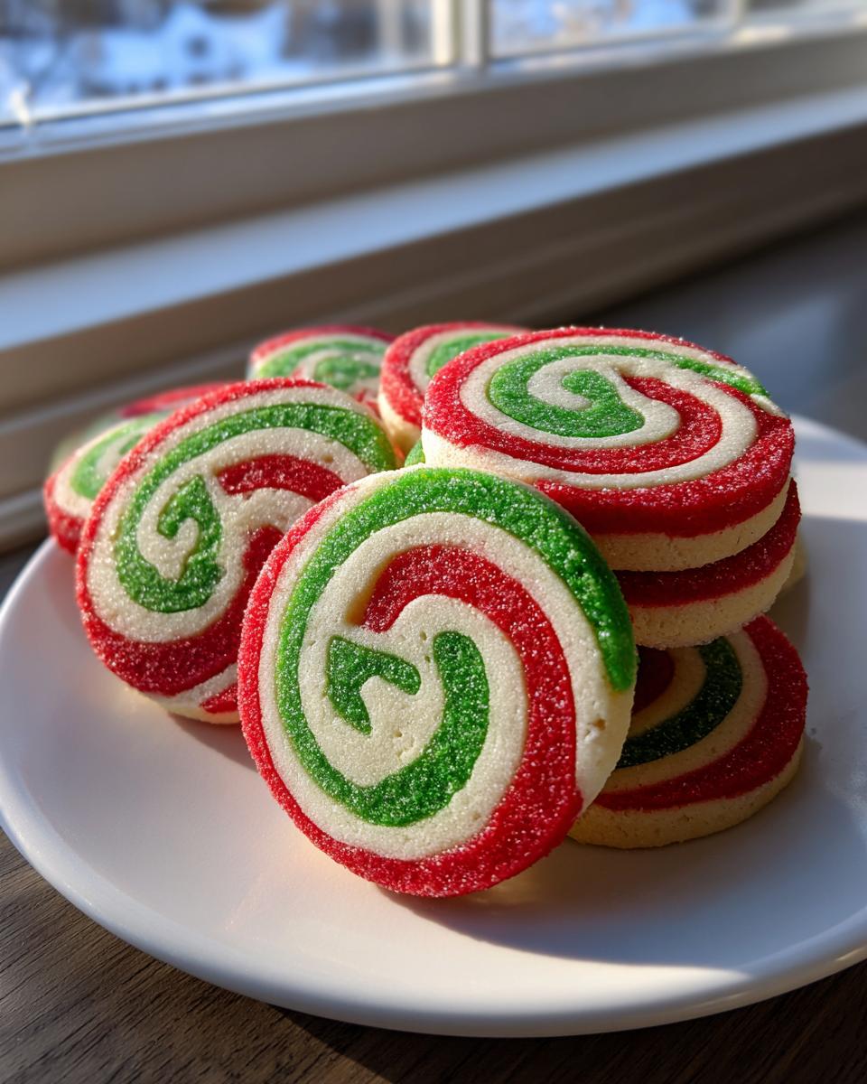 A stack of colorful red, green, and white pinwheel cookies coated in sugar, sitting on a white plate.