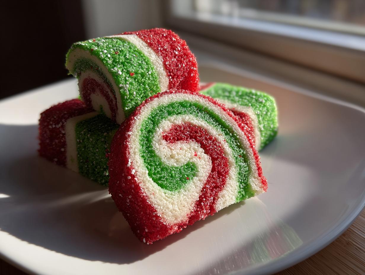 Close-up of three colorful pinwheel cookies showing red, white, and green spirals coated in sparkling sugar.
