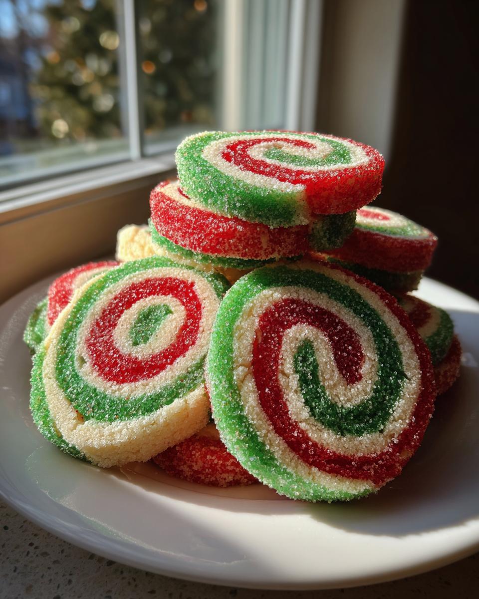 A stack of vibrant red, green, and white pinwheel cookies covered in sparkling sugar, sitting on a white plate.