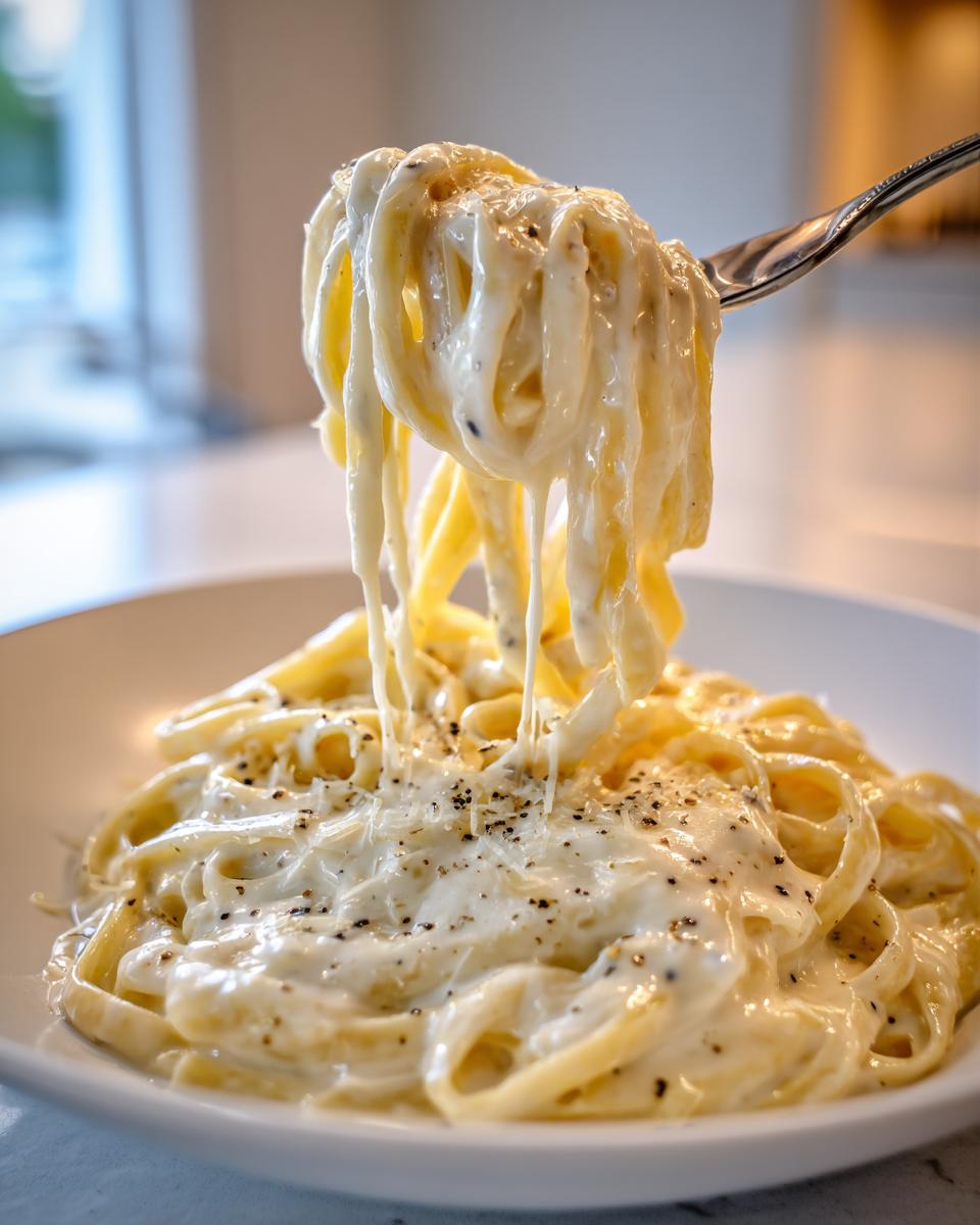 A fork lifting fettuccine heavily coated in creamy homemade alfredo sauce, sprinkled with black pepper.