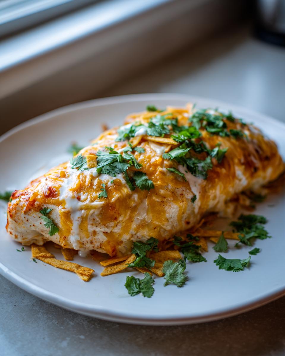 A baked chicken breast smothered in melted cheese, sour cream, and fresh cilantro, part of the fiesta lime chicken recipe.