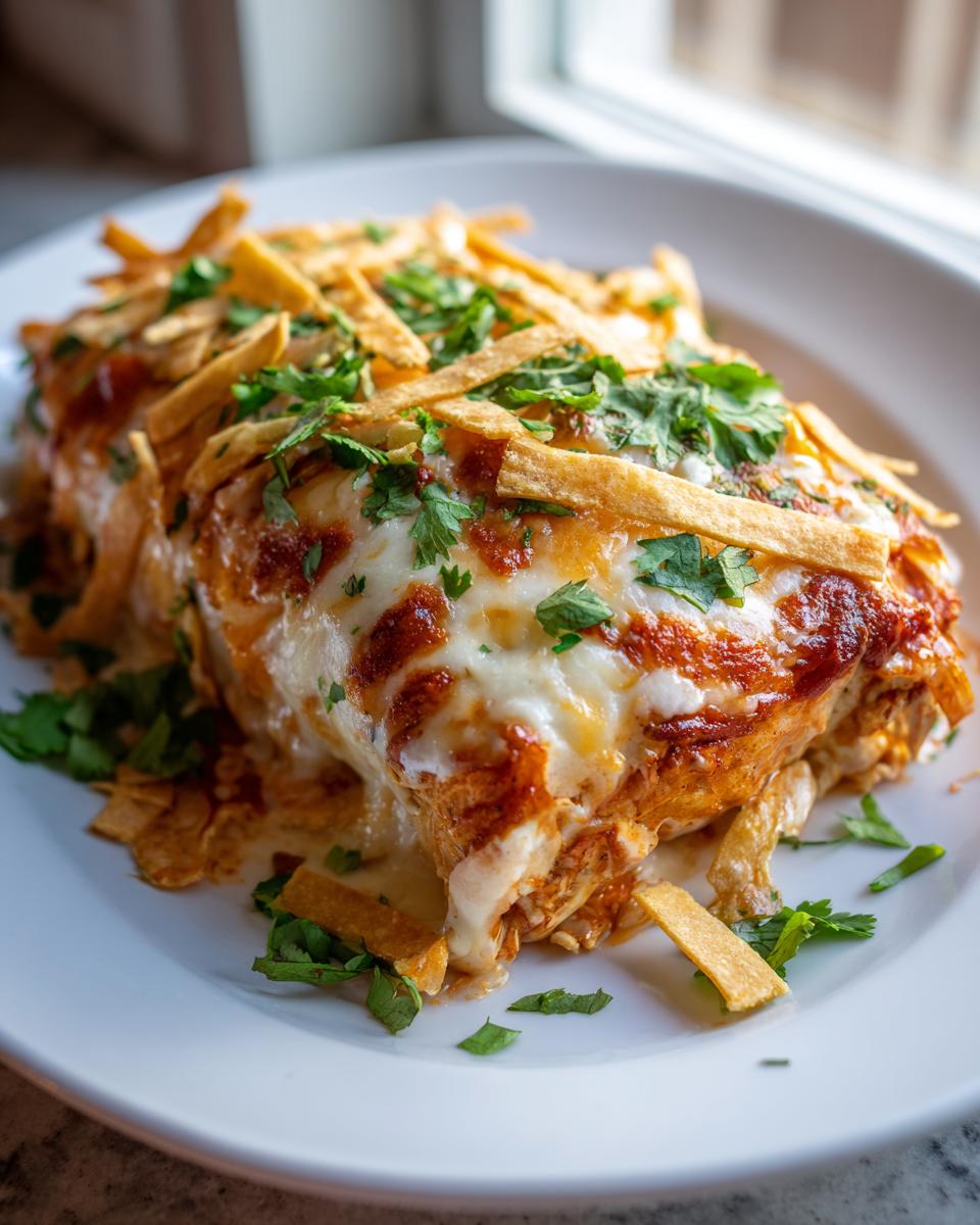 A close-up of baked Fiesta Lime Chicken covered in melted cheese, sauce, and tortilla strips.