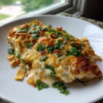 A baked chicken breast covered in melted cheese, creamy sauce, crushed tortilla chips, and fresh cilantro, representing fiesta lime chicken.