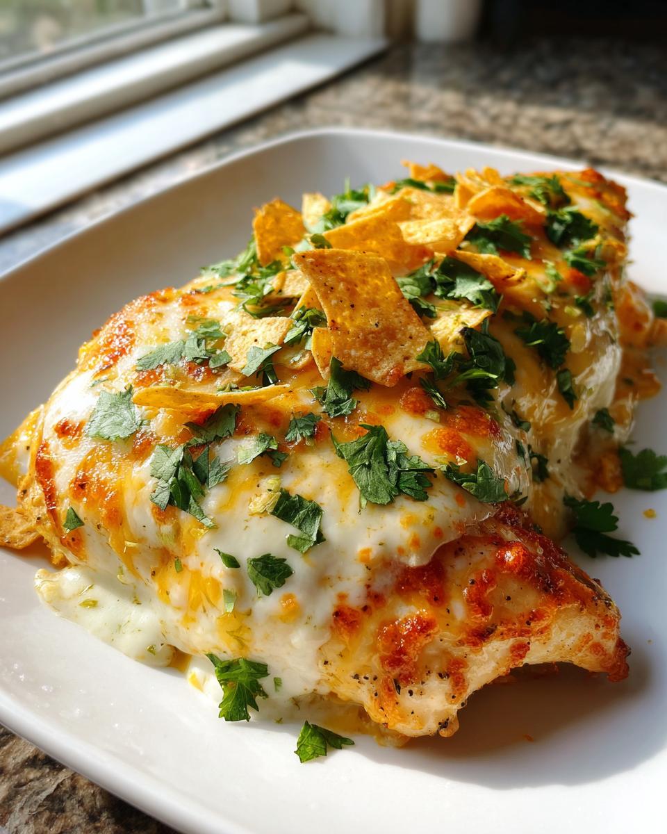 A baked chicken breast covered in melted cheese, topped with crushed tortilla chips and fresh cilantro for Fiesta Lime Chicken.