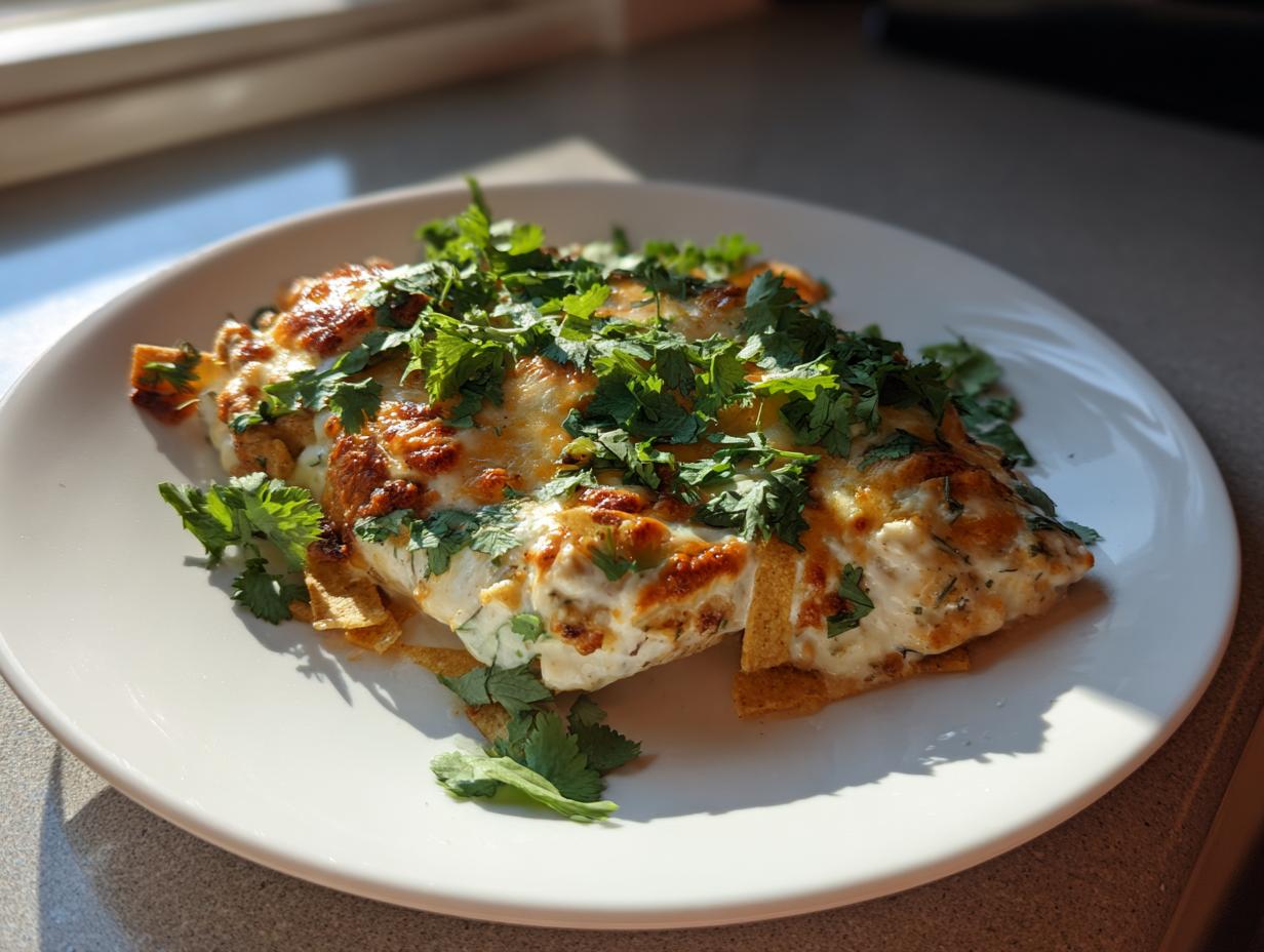 A serving of baked fiesta lime chicken covered in melted, browned cheese and fresh cilantro.