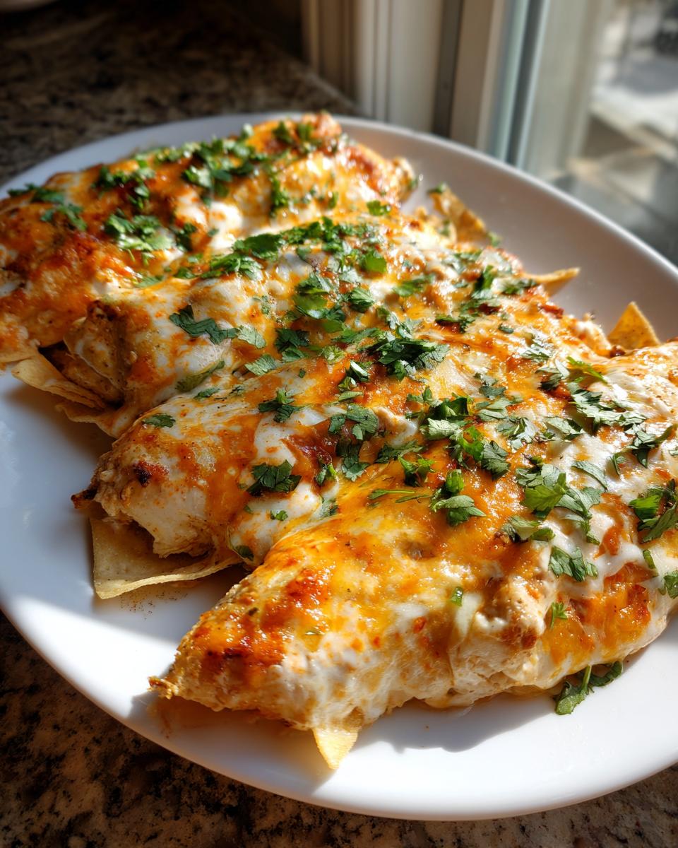 Three rolled tortillas topped with melted cheese and fresh cilantro, likely fiesta lime chicken enchiladas.