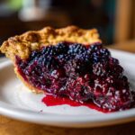A close-up, appetizing slice of blackberry pie showing a flaky golden crust and rich, juicy blackberry filling.