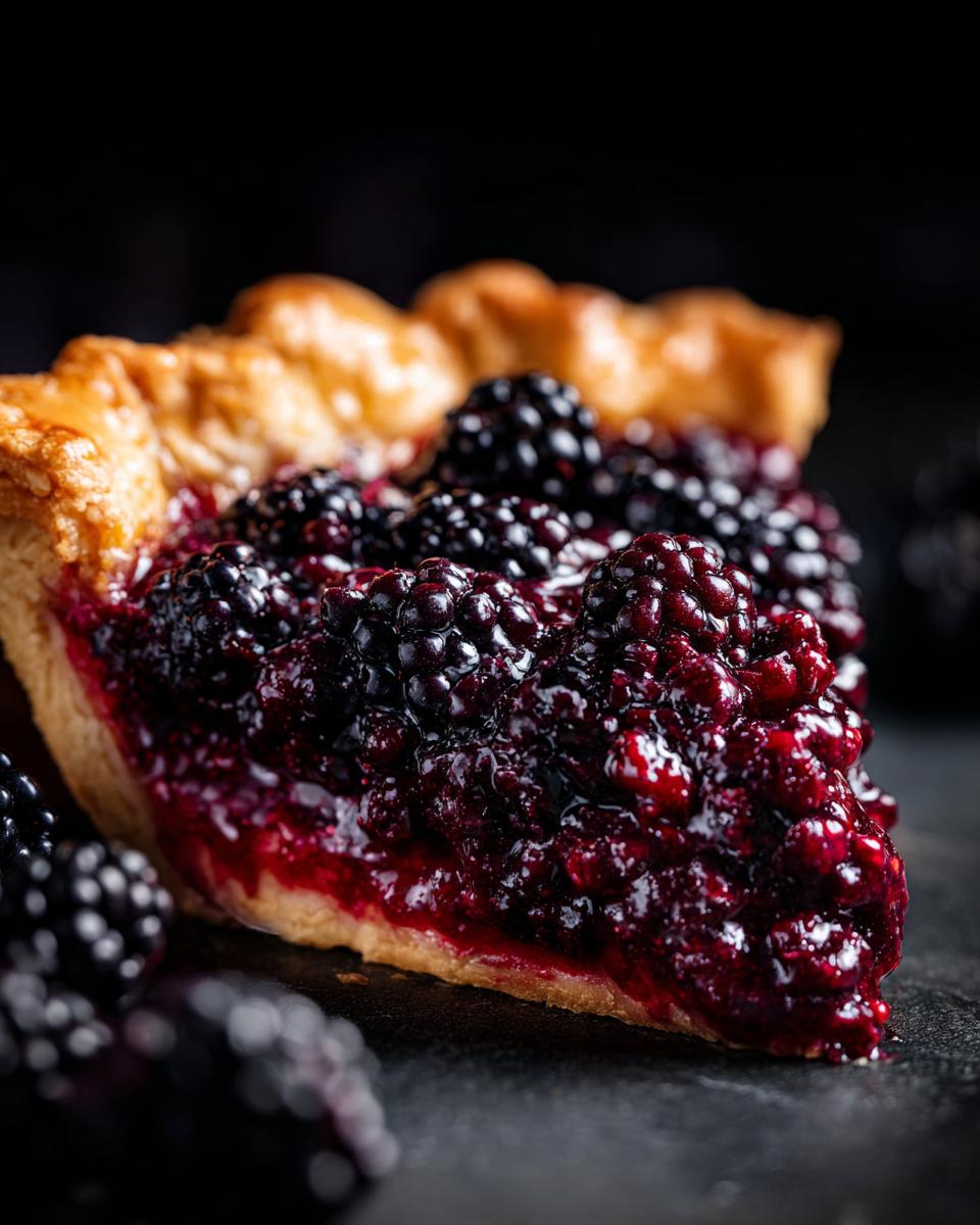 A close-up, dark-lit shot of a slice of blackberry pie showing a golden flaky crust and a rich, deep purple filling packed with fresh blackberries.