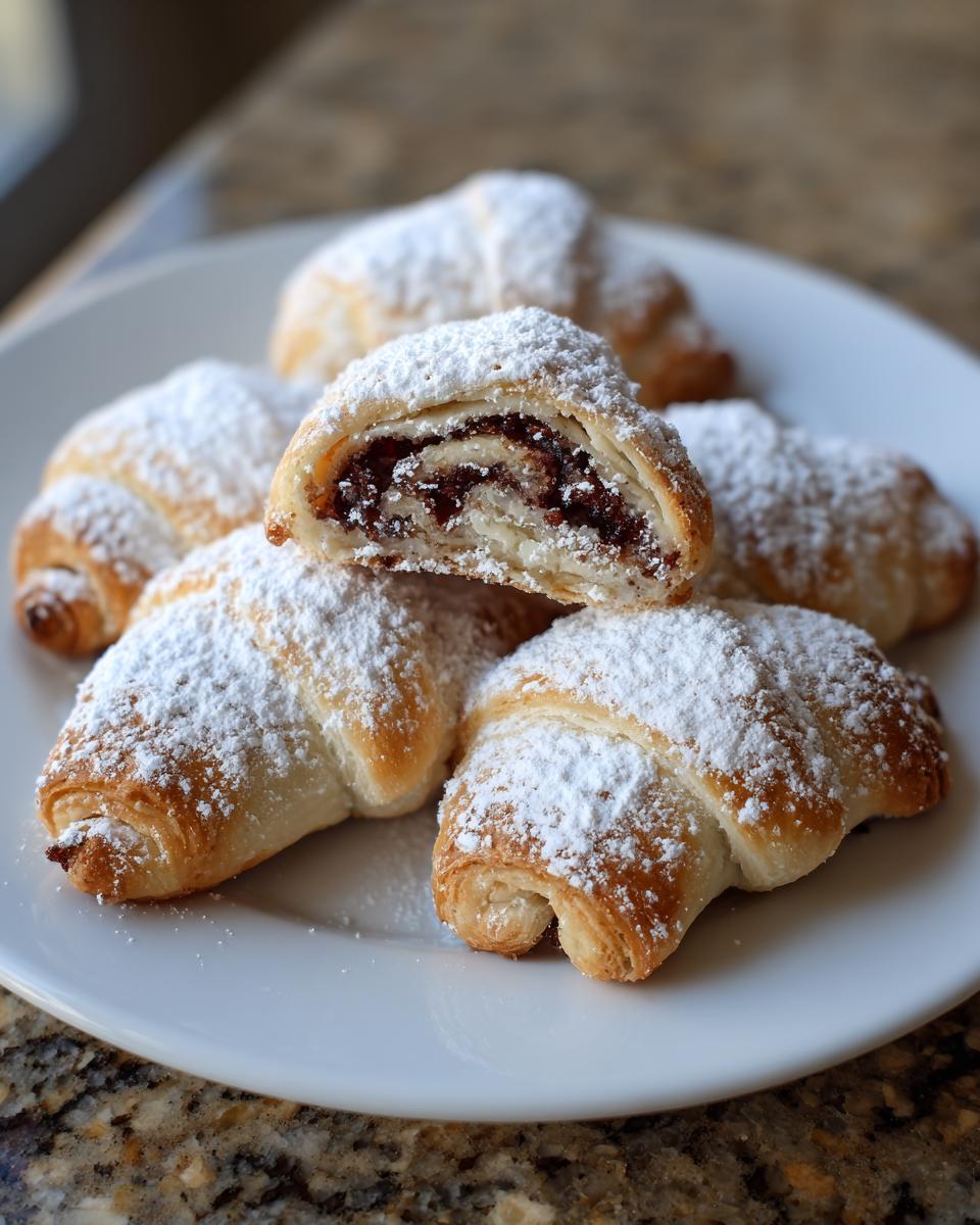 A plate of freshly baked Rugelach pastries, one cut open to show the dark chocolate filling, generously dusted with powdered sugar.