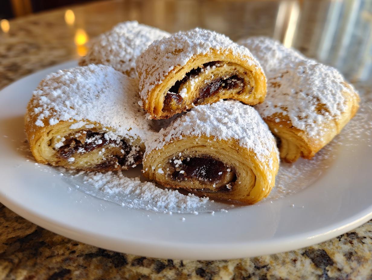 Close-up of several golden brown Rugelach pastries dusted heavily with powdered sugar on a white plate.
