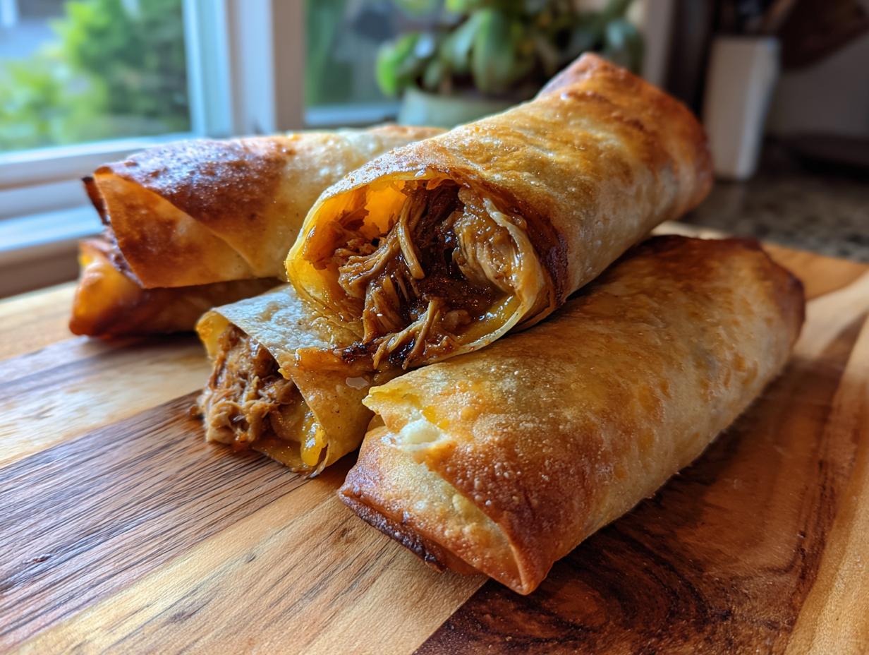 Close-up of crispy, golden-brown chimichangas, one cut open to show shredded meat filling.