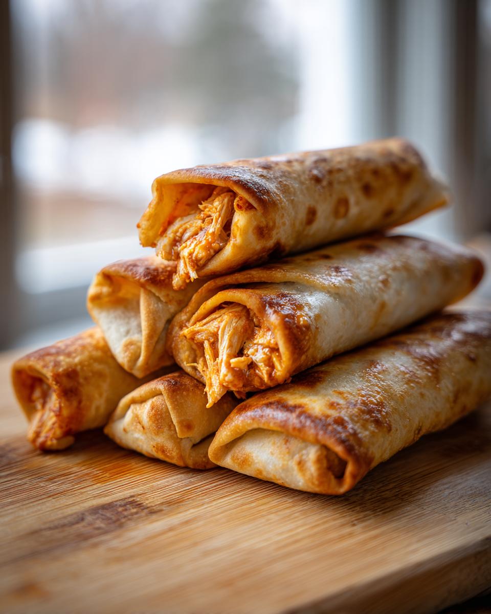 A stack of golden brown, fried Chimichangas filled with shredded chicken, resting on a wooden cutting board.