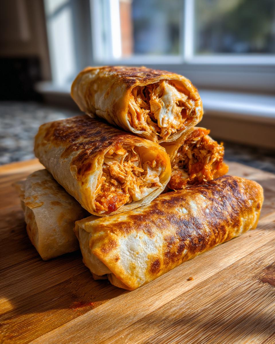 A stack of crispy, golden-brown Chimichangas filled with shredded chicken and cheese, cut open to show the filling.