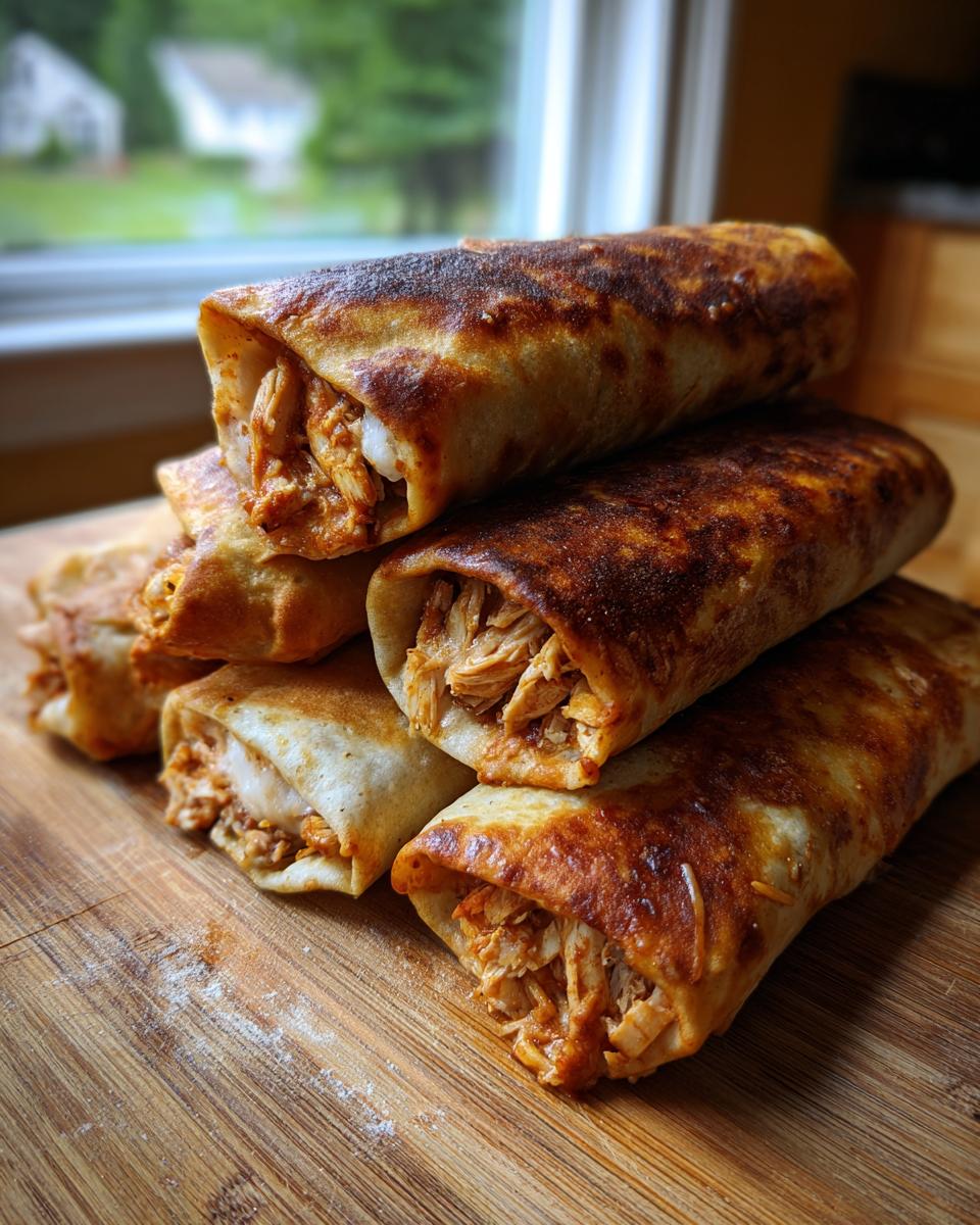 A stack of golden brown, crispy Chimichangas filled with shredded chicken, resting on a wooden cutting board.