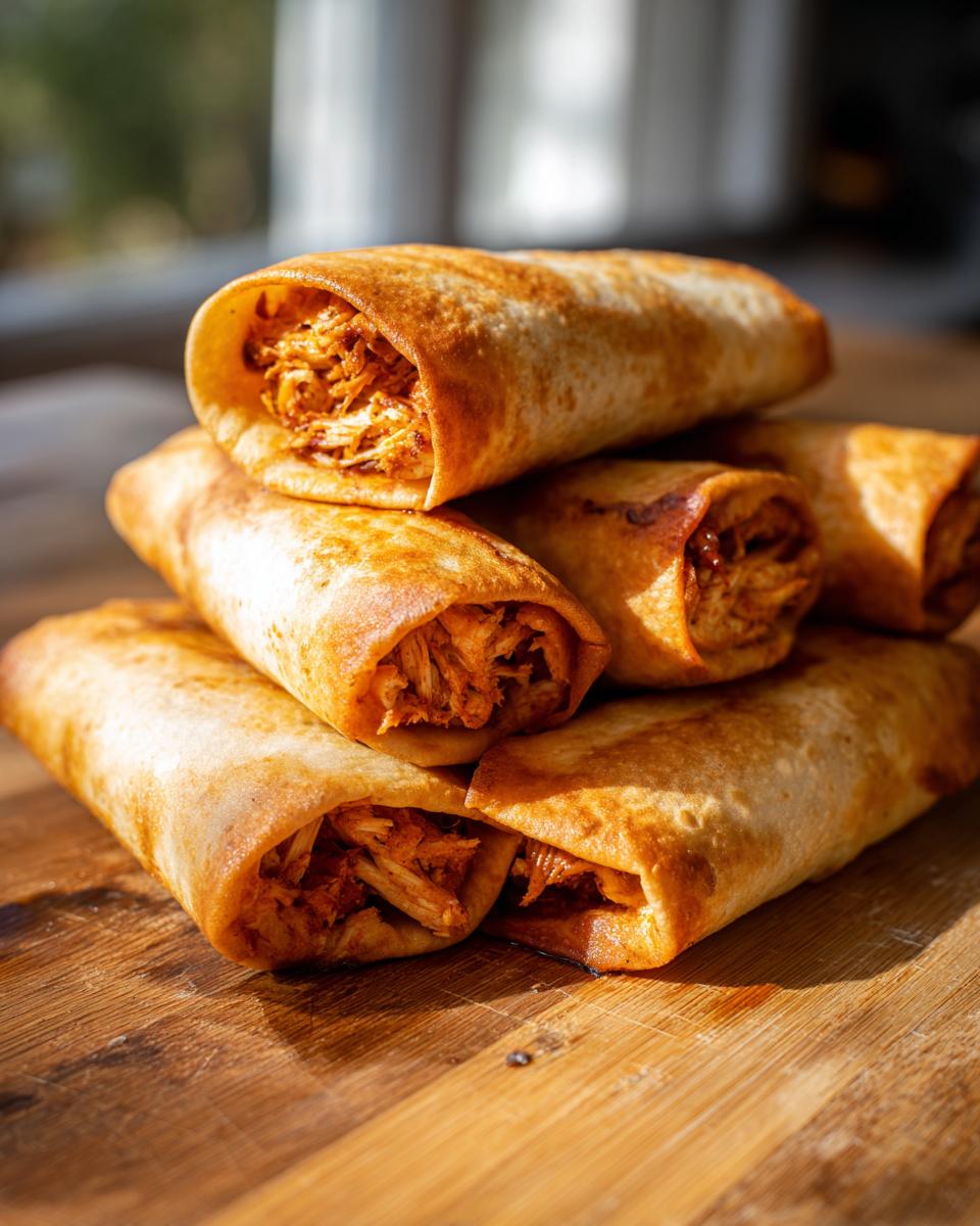 A stack of golden brown, crispy chimichangas filled with shredded chicken, sitting on a wooden cutting board.