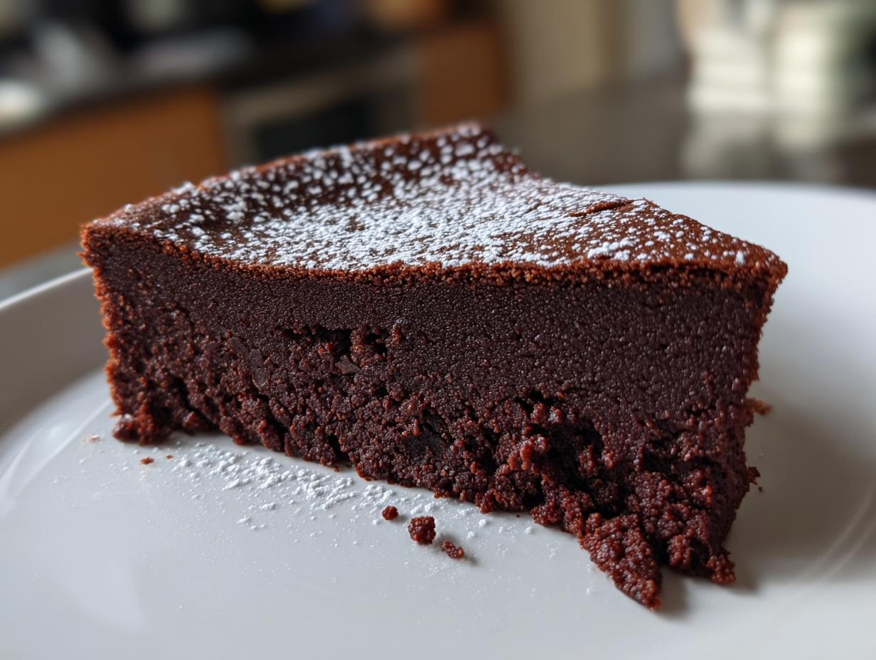 A close-up of a dense slice of flourless chocolate torte dusted lightly with powdered sugar on a white plate.