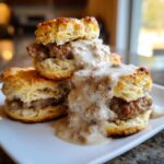 Close-up of fluffy biscuits filled with sausage and smothered in creamy sausage gravy, a perfect biscuits and gravy serving.