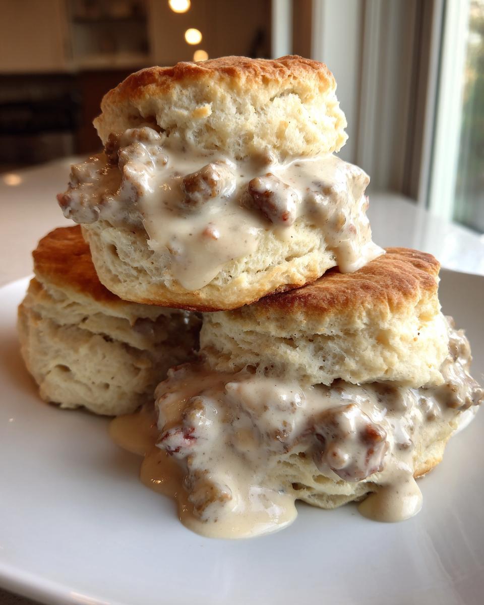 Close-up of fluffy biscuits smothered in creamy sausage gravy, a classic biscuits and gravy dish.