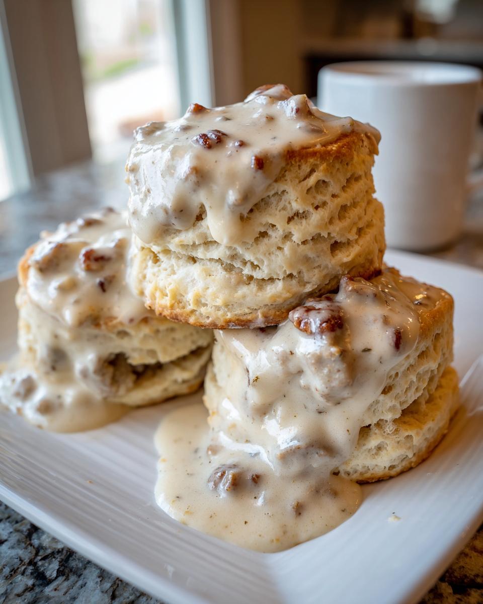 Three stacked, fluffy biscuits smothered in creamy sausage gravy, perfect for biscuits and gravy.