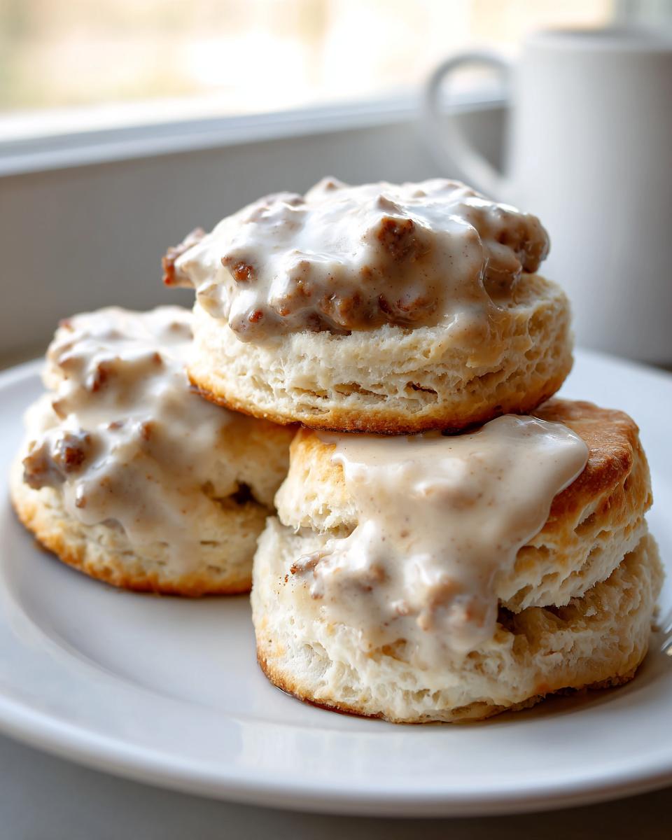 A stack of three fluffy buttermilk biscuits smothered in creamy sausage gravy, served on a white plate.