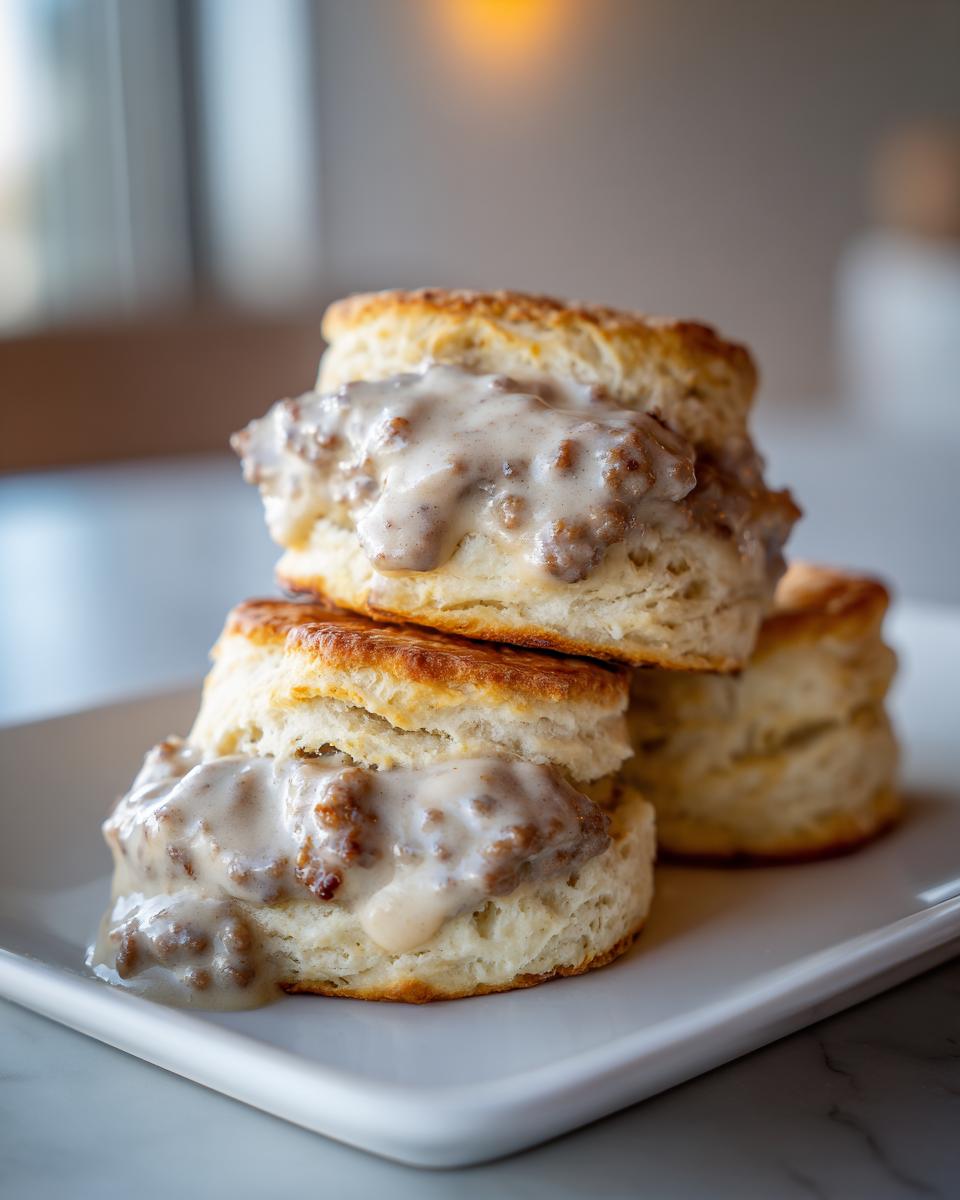 Stack of fluffy homemade biscuits smothered in creamy sausage gravy, classic biscuits and gravy.