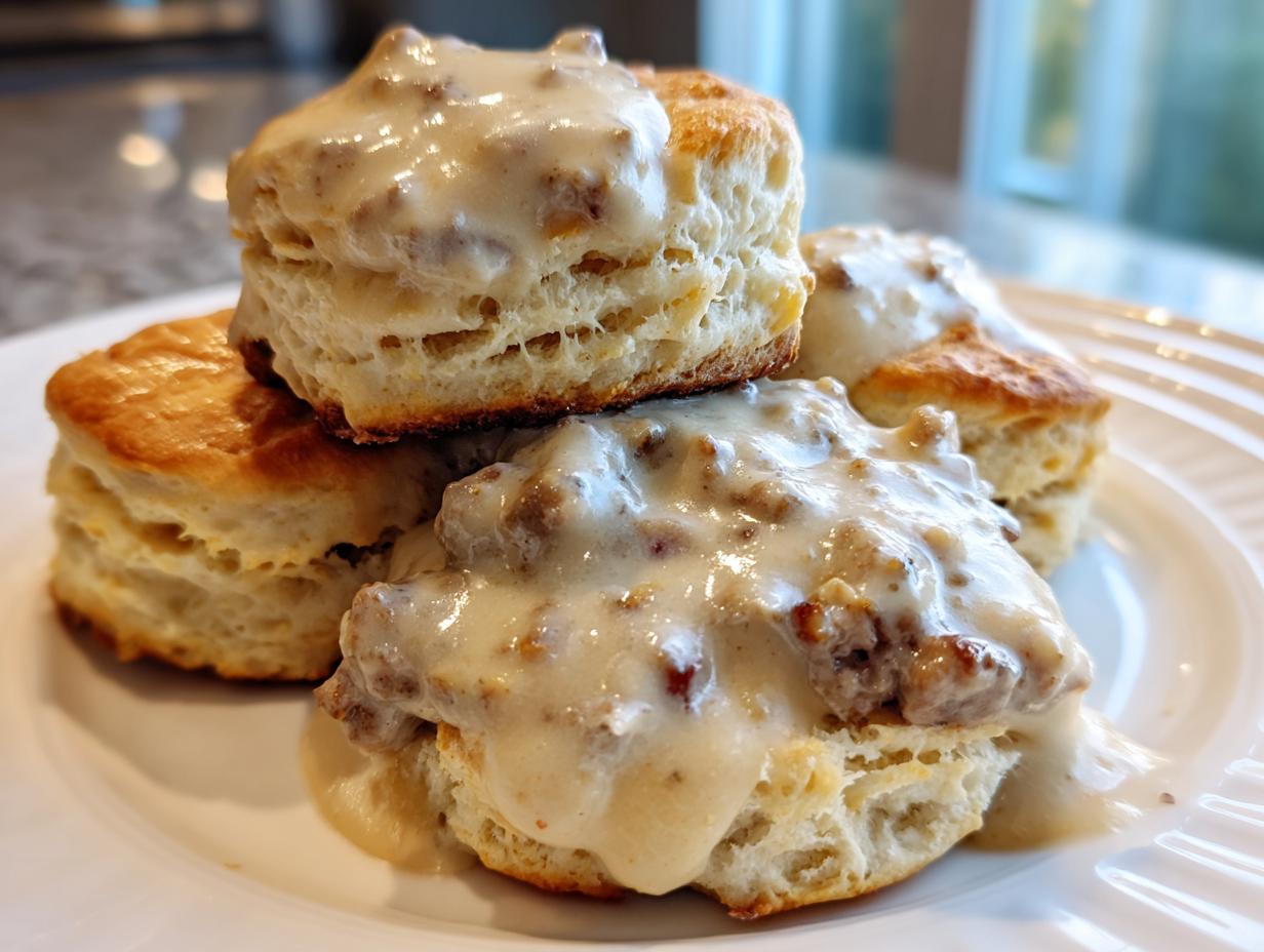 Close-up of fluffy buttermilk biscuits smothered in creamy sausage gravy, perfect for biscuits and gravy.