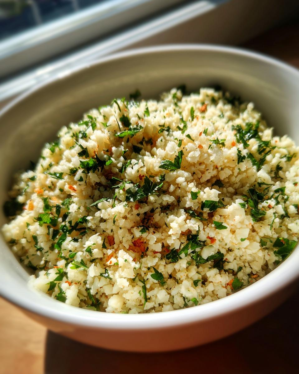 A close-up of fluffy cauliflower rice seasoned with chopped green herbs and spices, served in a white bowl.