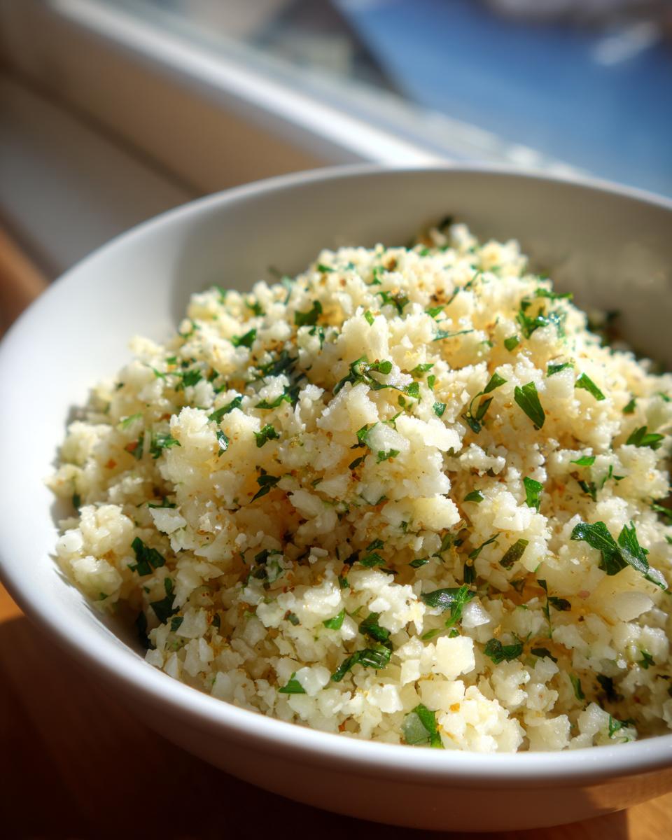 Close-up of fluffy cauliflower rice seasoned with herbs in a white bowl, ready to serve.