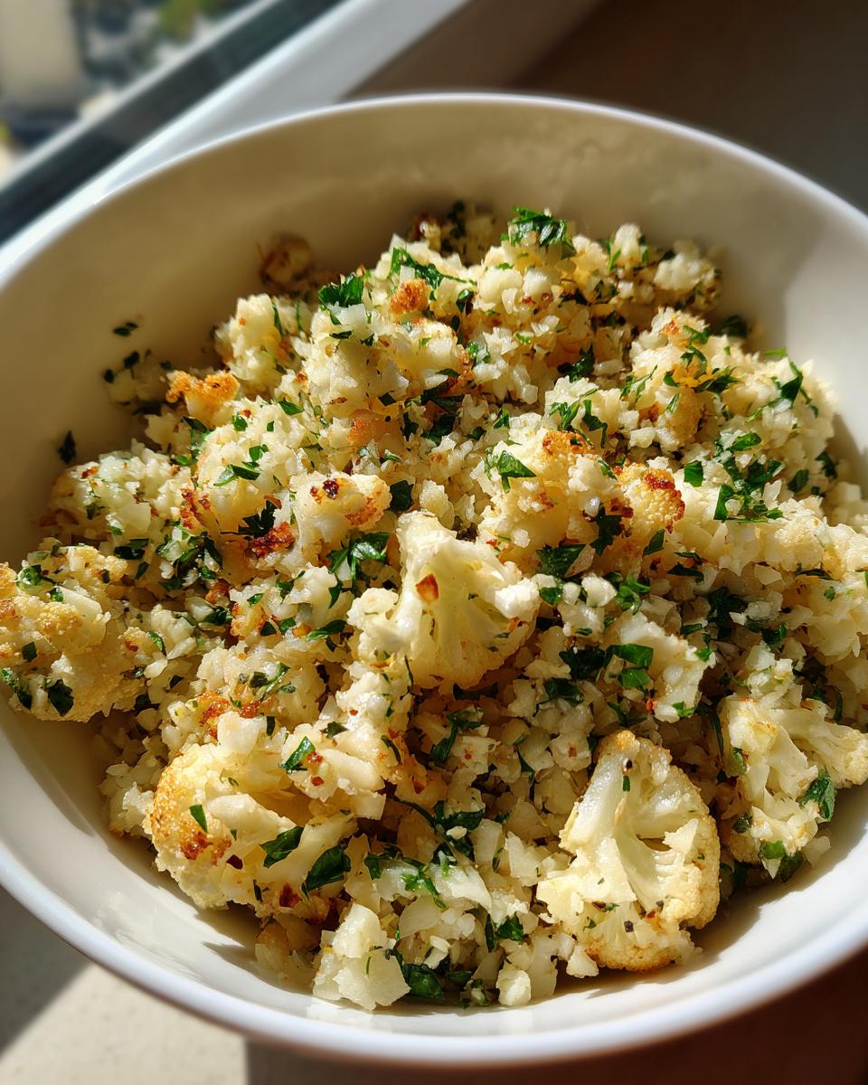 Close-up of fluffy cauliflower rice seasoned with parsley and showing slight browning, served in a white bowl.