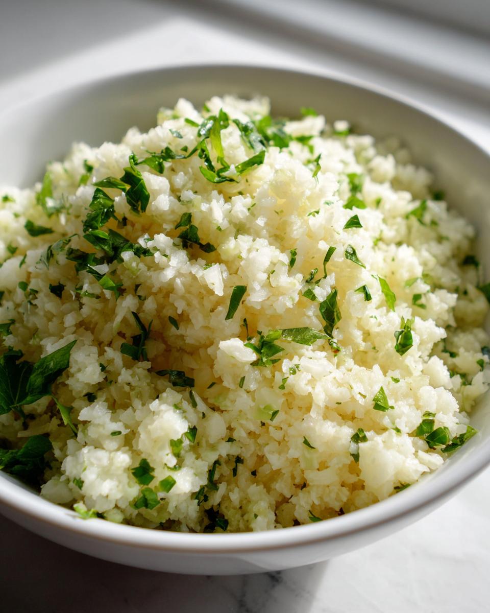 A white bowl filled with fluffy cauliflower rice garnished generously with chopped green herbs.