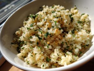 A close-up of fluffy cauliflower rice seasoned with green parsley, served in a white bowl.