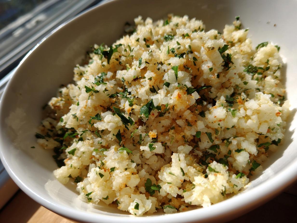 A close-up of fluffy cauliflower rice seasoned with green parsley, served in a white bowl.