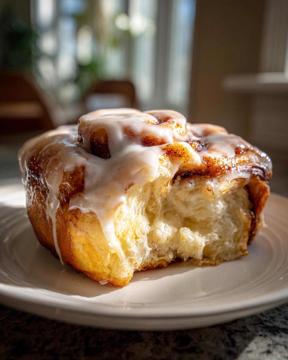 A close-up of a soft, gooey piece of cinnamon roll casserole topped with white icing, showing the fluffy interior.