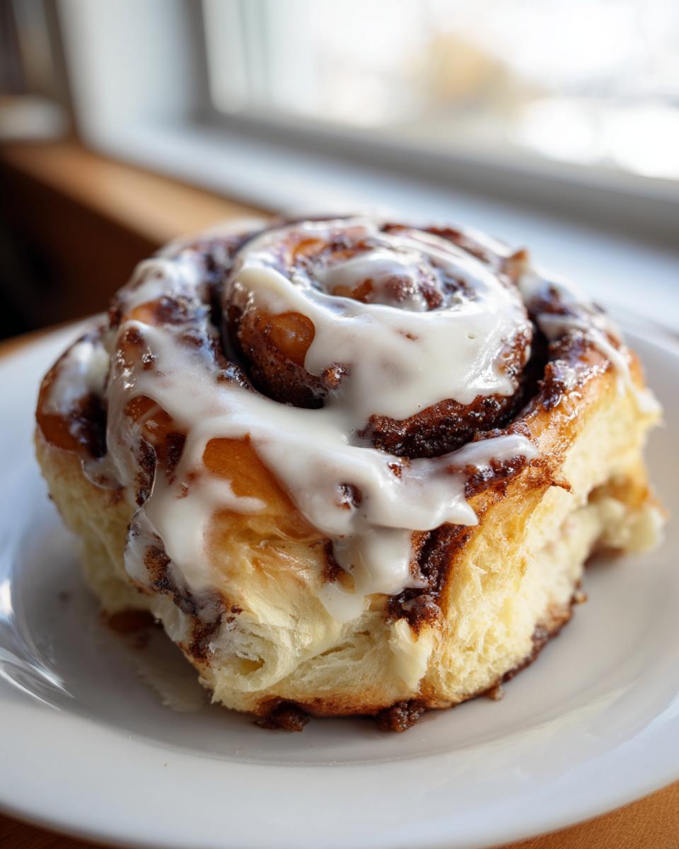 A single, freshly baked cinnamon roll topped generously with white icing, sitting on a white plate.