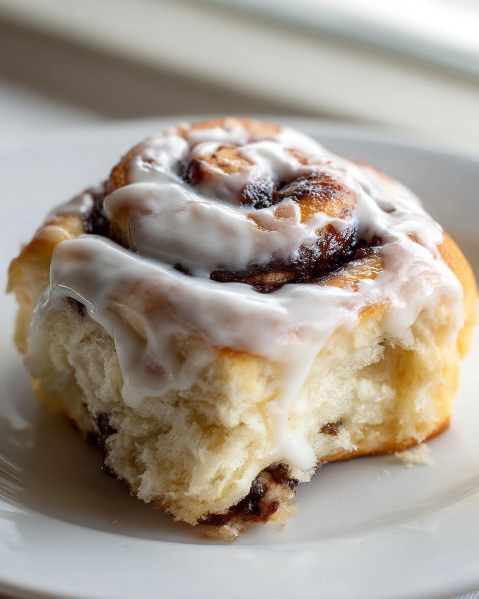 Close-up of a soft, fluffy cinnamon roll topped with thick white icing, showing the swirl and texture.
