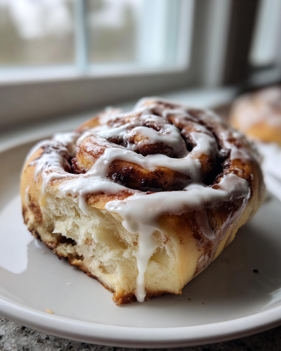 A close-up of a soft, fluffy cinnamon roll with thick white icing drizzled over the swirl, sitting on a white plate.