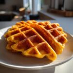Close-up of golden brown, fluffy high protein waffles stacked on a white plate in bright sunlight.