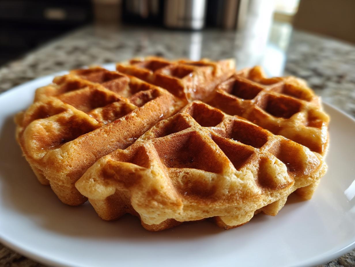 Close-up of a golden brown, fluffy high protein waffles lightly drizzled with syrup on a white plate.