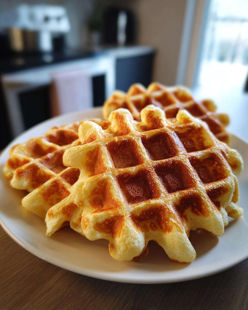 Close-up of two golden brown, fluffy high protein waffles stacked on a white plate in a kitchen setting.