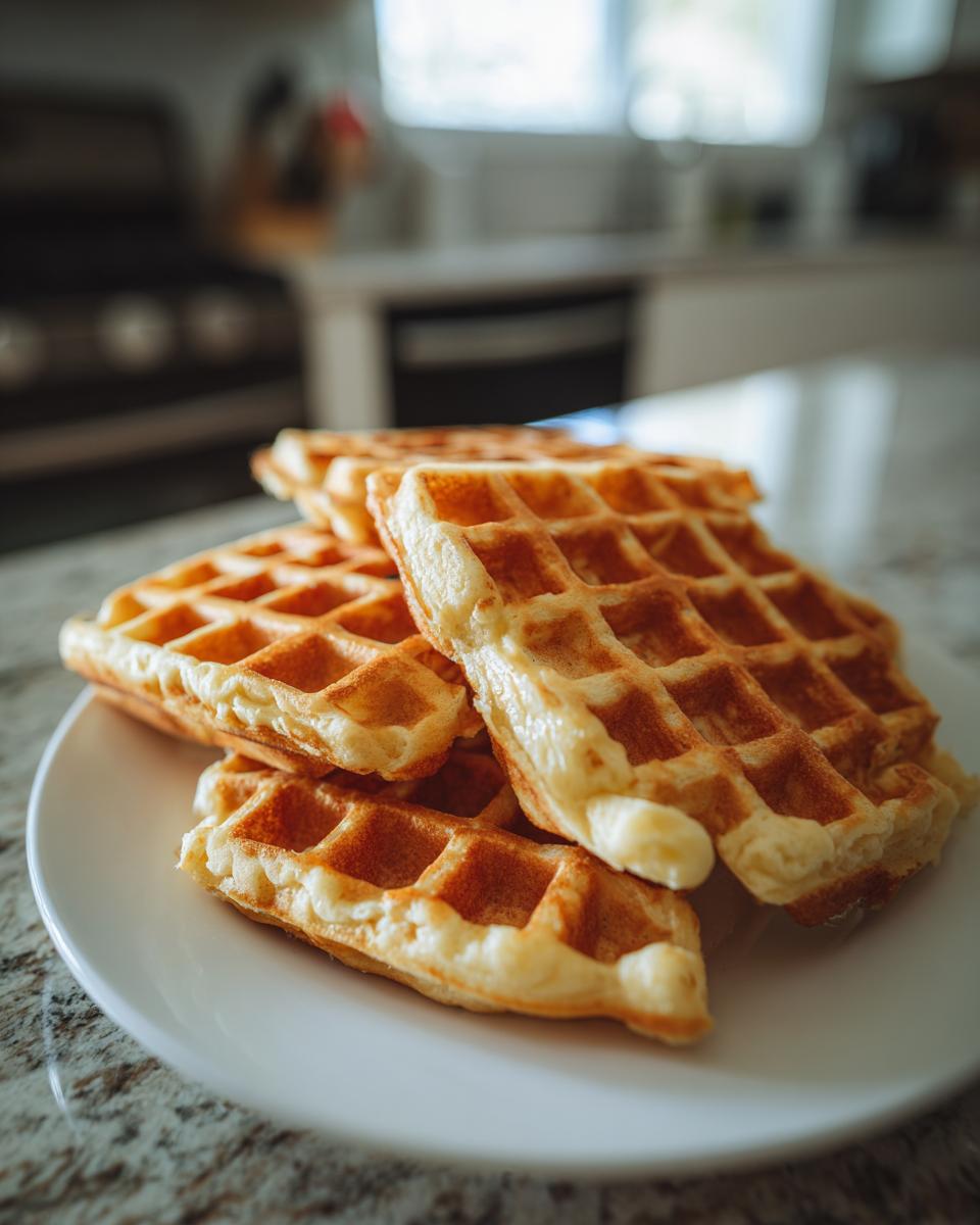 A close-up stack of golden brown, fluffy high protein waffles resting on a white plate in a bright kitchen setting.