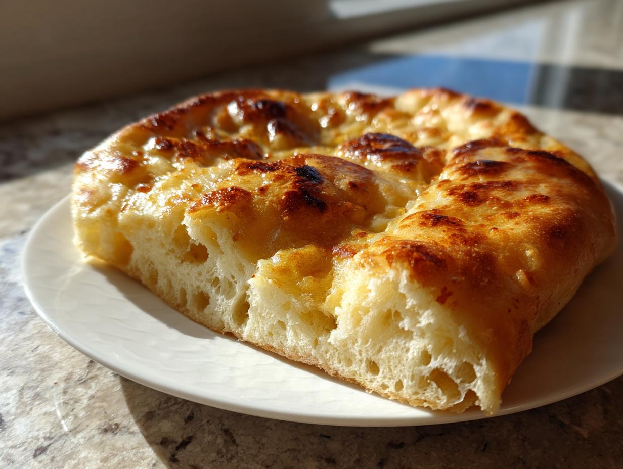 Close-up of a thick, fluffy slice of homemade naan bread showing its airy interior and golden, slightly charred top.