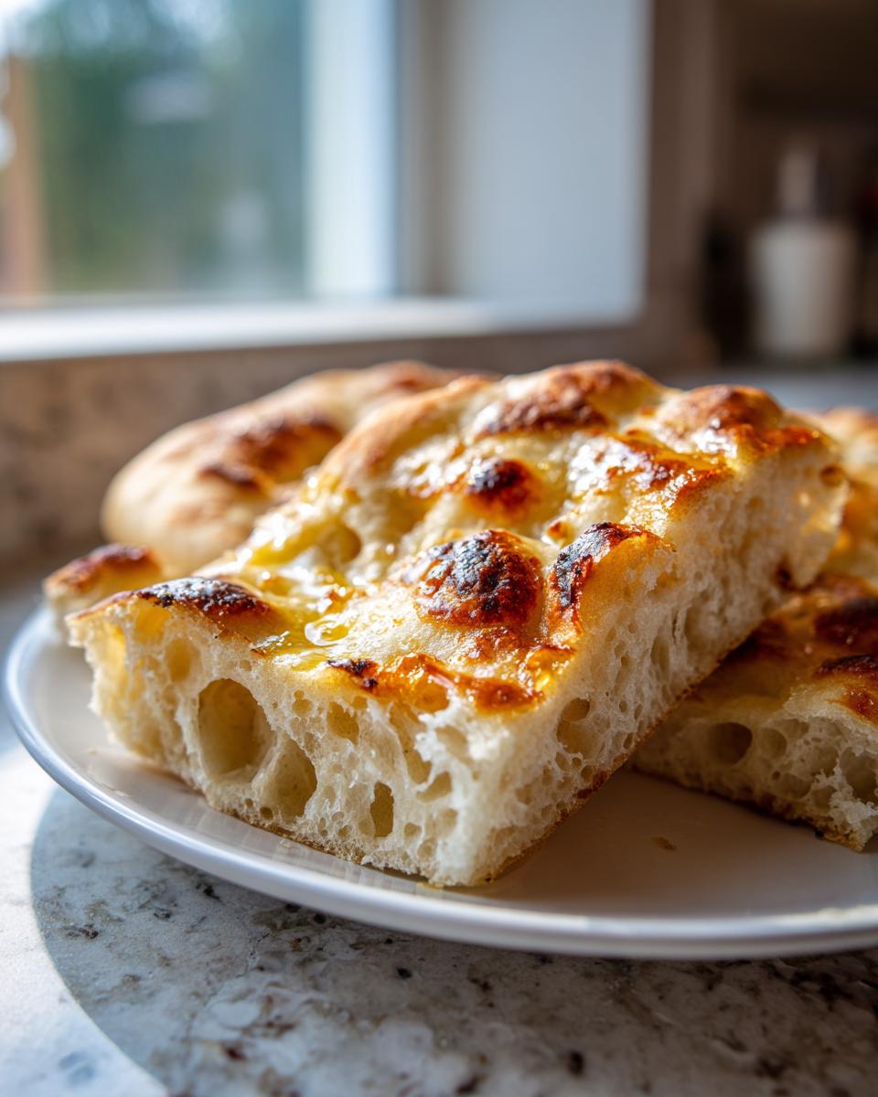 Close-up of soft, airy homemade naan bread slices showing large air pockets and a golden, slightly charred top.